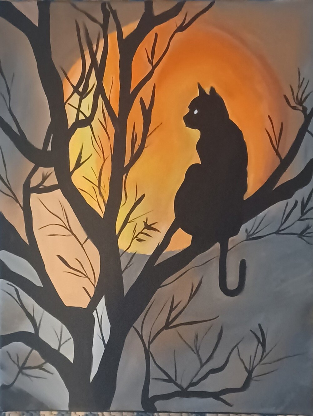 Original Acrylic Silhouette Cat on Tree Canvas Painting in Sunset Tones